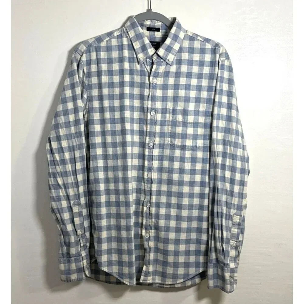 J.Crew Mens Homespun Slim Button Down Shirt Size M Blue Plaid Long Sleeve Cotton
